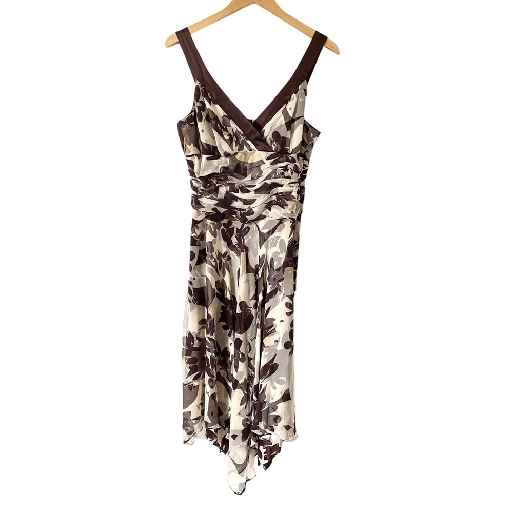 Y2K 100% Silk Dress Brown Floral Ruffle Ruched Fairycore 90s Vintage Donna Ricco